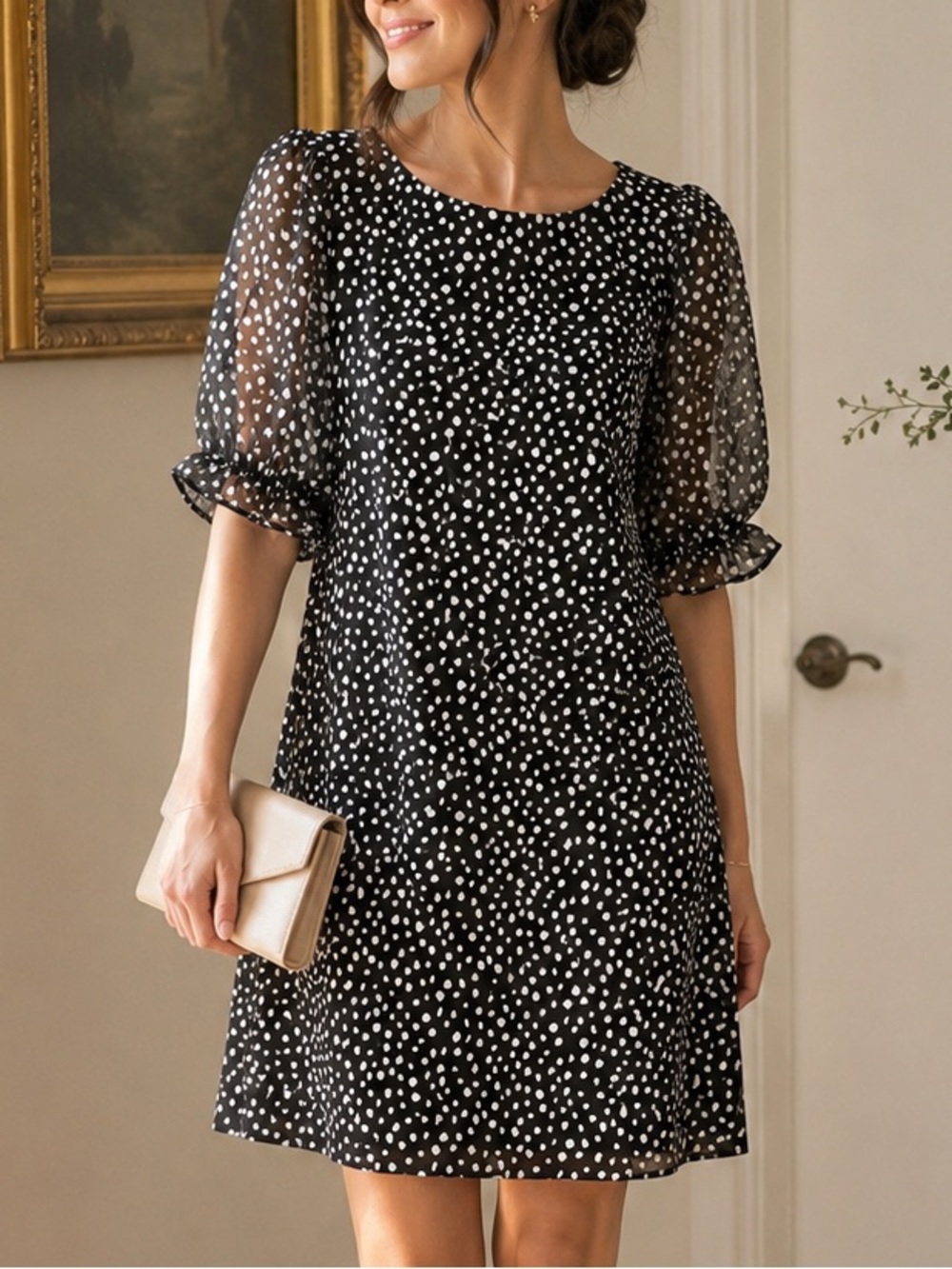 Connected Apparel Dress 8P Black White Polka Dot Sheer Puff Sleeve Petite